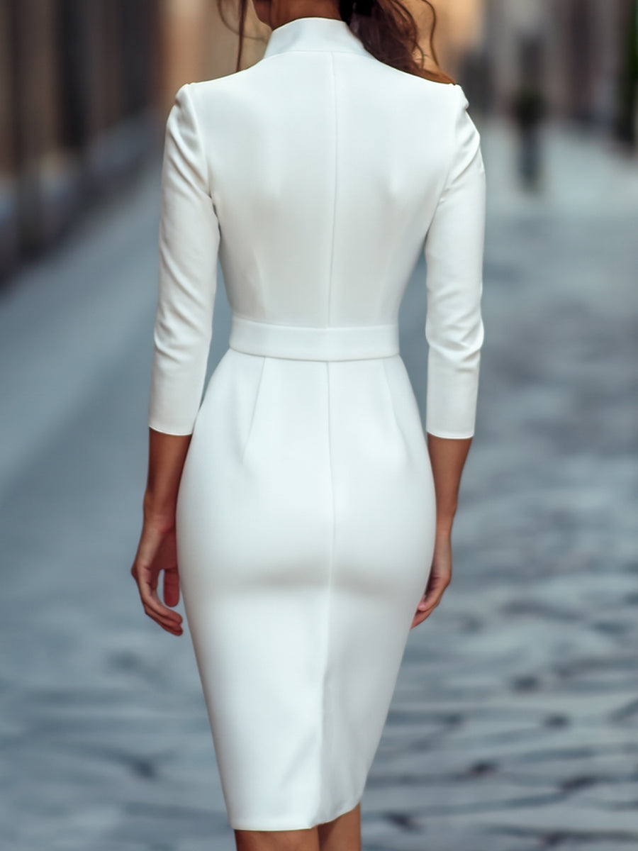 Timeless Elegant Belted Mandarin Collar Premium Polyester Draped Silhouette Dress