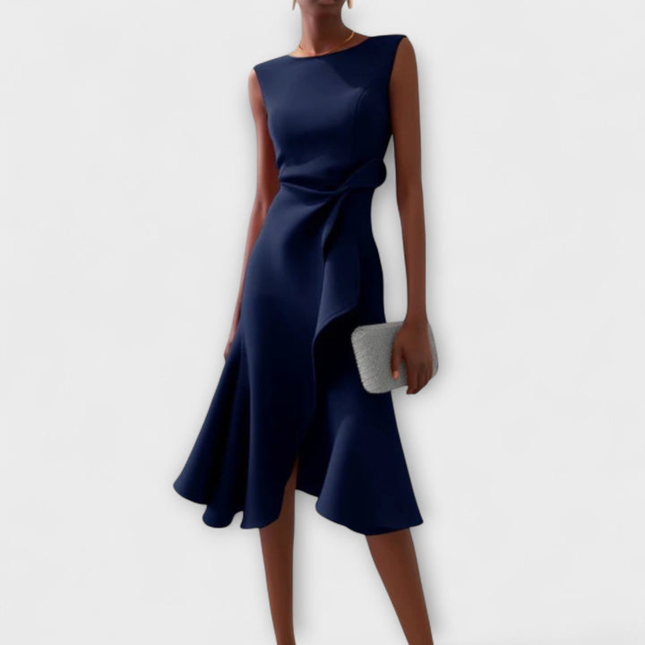 Glamorous Draped Asymmetric Crepe With Luxuriously Contoured Silhouette Midi Dress