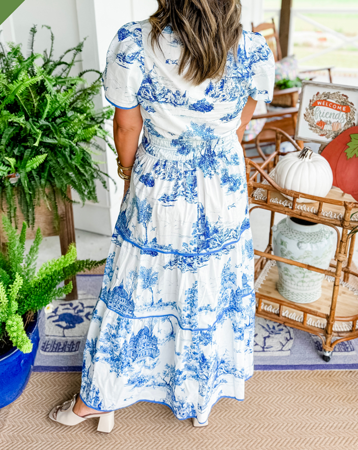 Romantic Driven Smocked Waist Evergreen Toile Print Tiered Floral Silhouette Maxi Dress