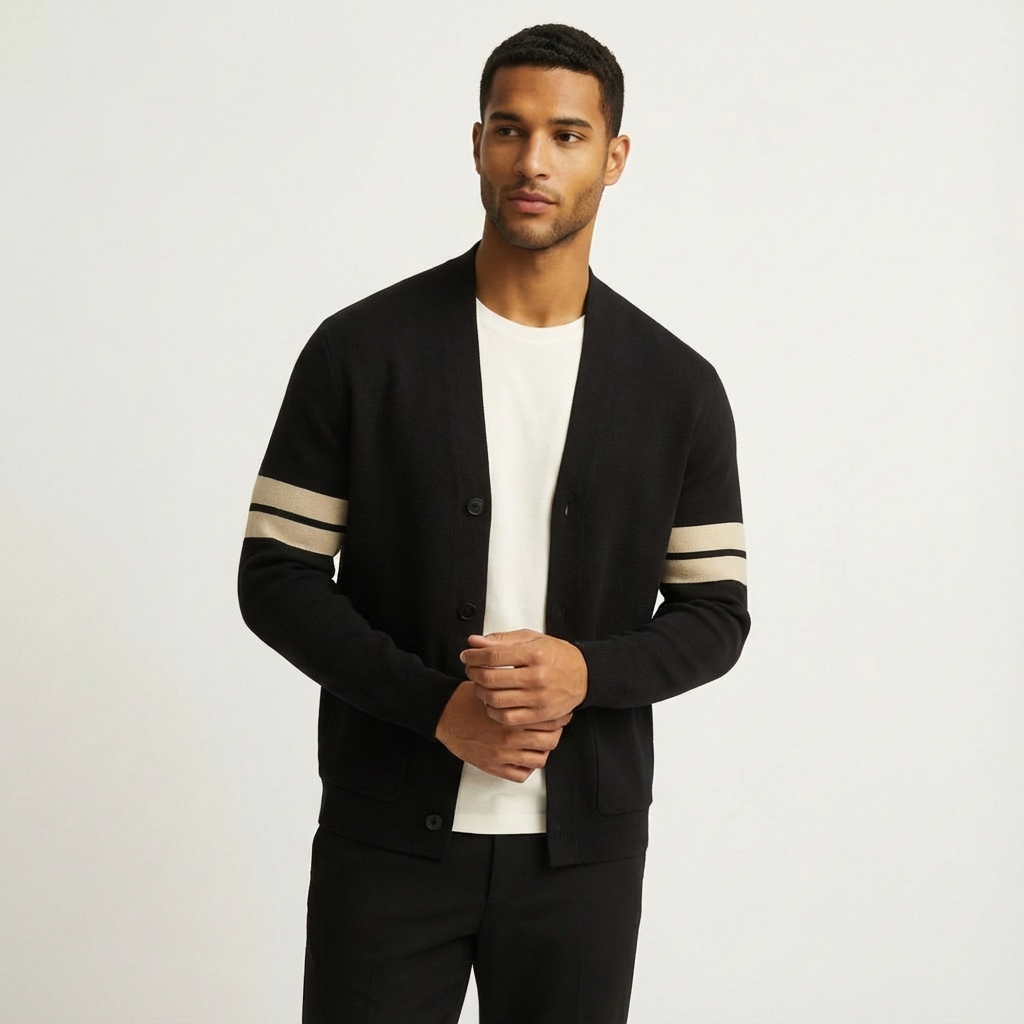 Classic Merino Men's Cardigan with Striped Sleeves