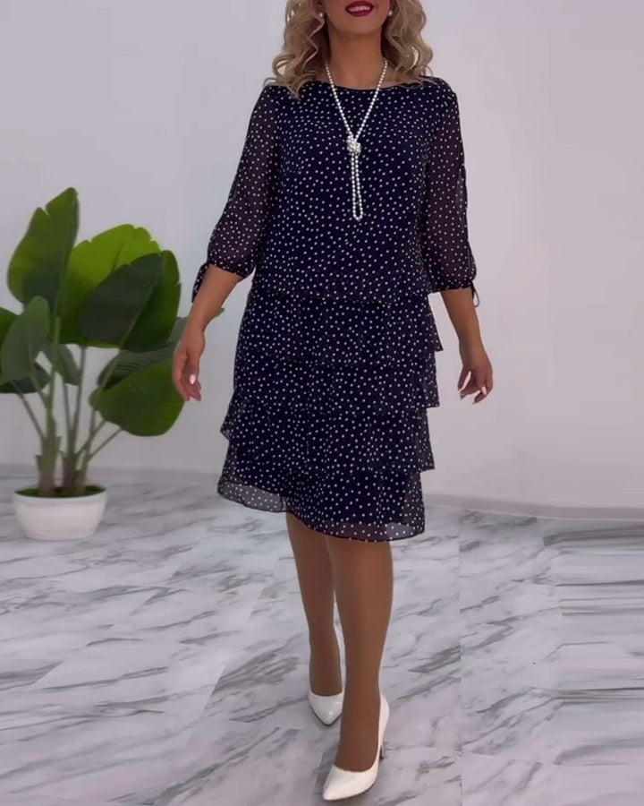 Women’s Polka Dot Chiffon Midi Dress – Navy White Tiered Elegant Three-Quarter Sleeve Dress