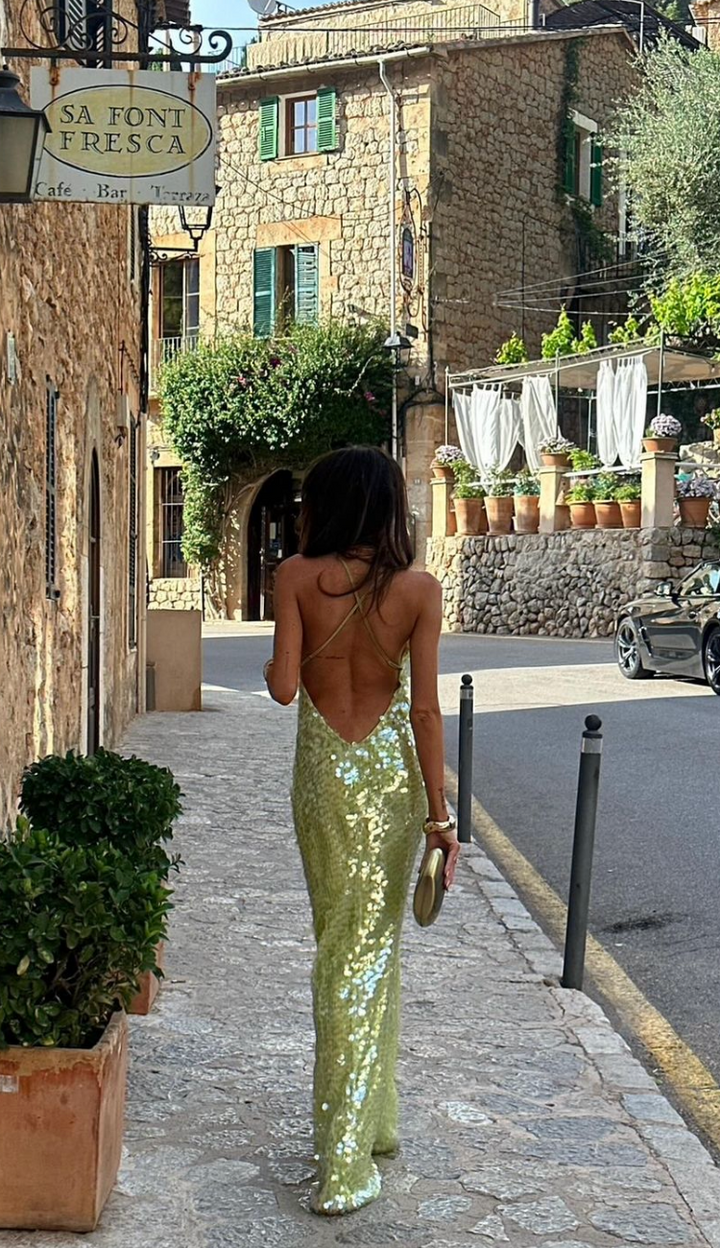 Luxurious Crystal-Embroidered Sequin Backless Square-Neckline Evening Party Dress