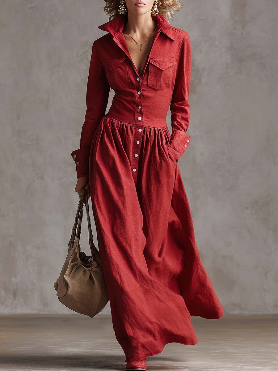 UltraLuxurious Breathable Lapel Front Button Trench Coat CottonLinenBlend Maxi Dress
