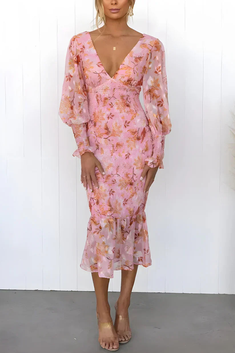 Luxuriously Exquisitely Flowing Floral Patterned Silk Evening Wedding Guest Dress