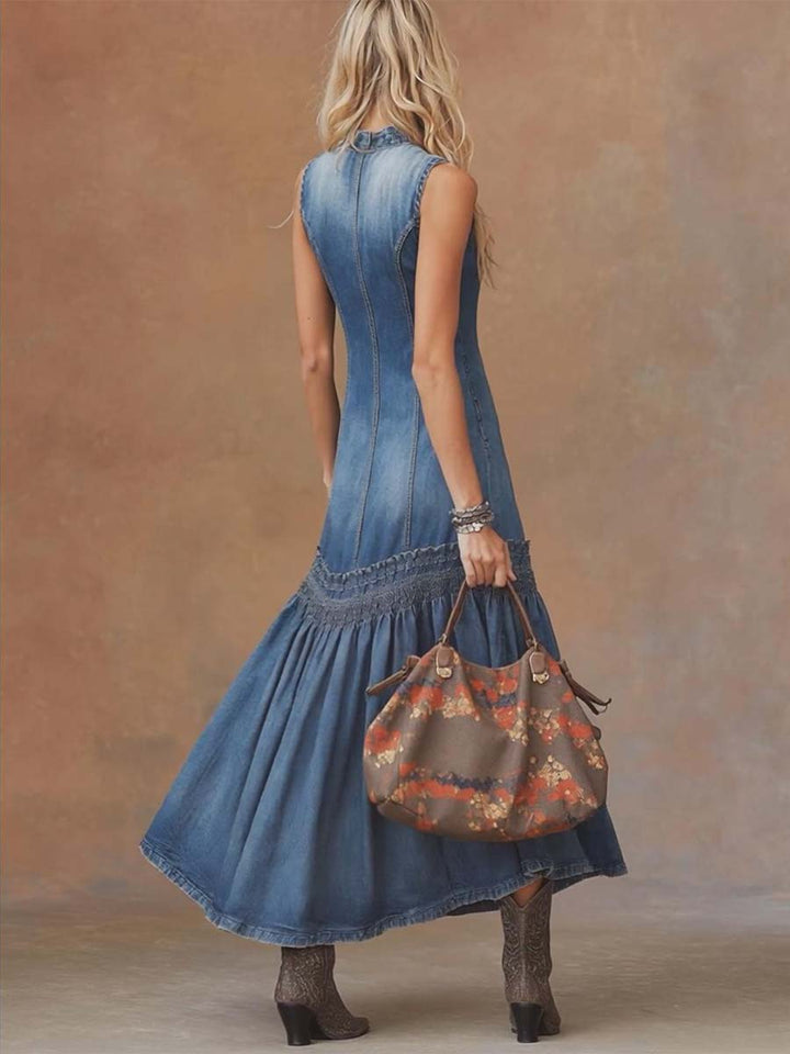 Elegant Timeless Vintage Western Tie-Neck Premium Denim Texture BubbleHem MaxiDress