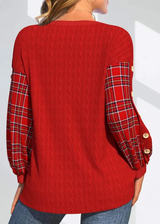 Ida | Red sweater with checked sleeves
