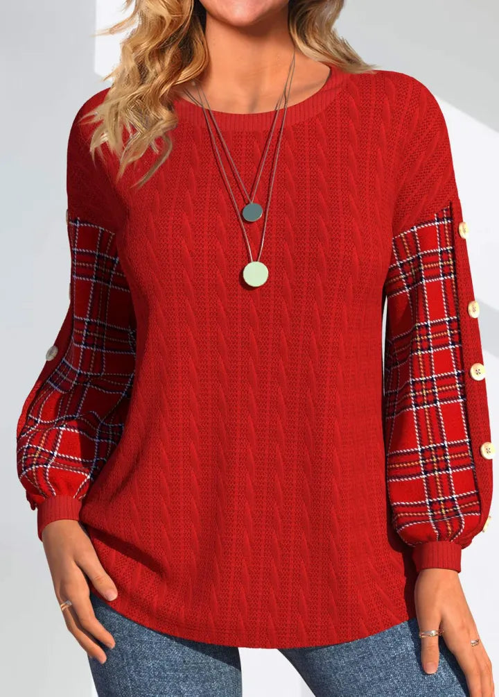 Ida | Red sweater with checked sleeves