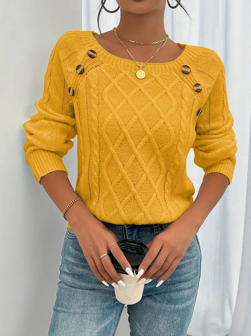 Lina - Long Sleeve Sweater with Braided Pattern, Casual Sweater with Round Neck