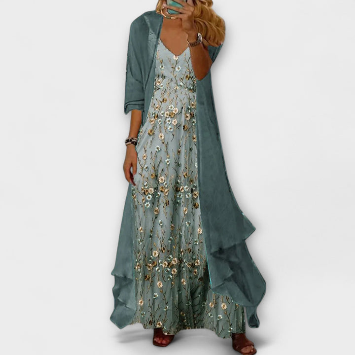 Presley | Floral Maxi Dress with Longline Cardigan and Matching Belt