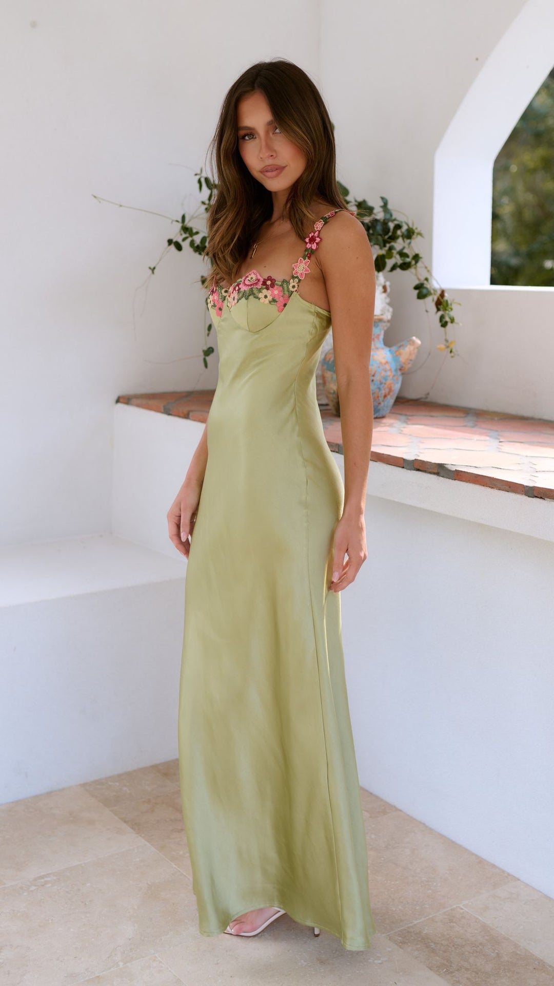 Timeless Elegant Embellished Lace Embroidery With Delicate Silk Satin Draping Dress