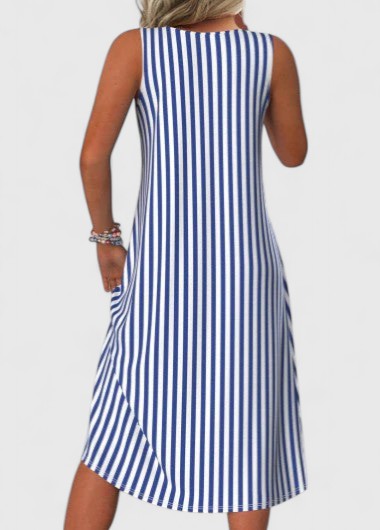 Women’s Nautical Striped Midi Dress – Deep Navy Blue White Sleeveless Round Neck Dress