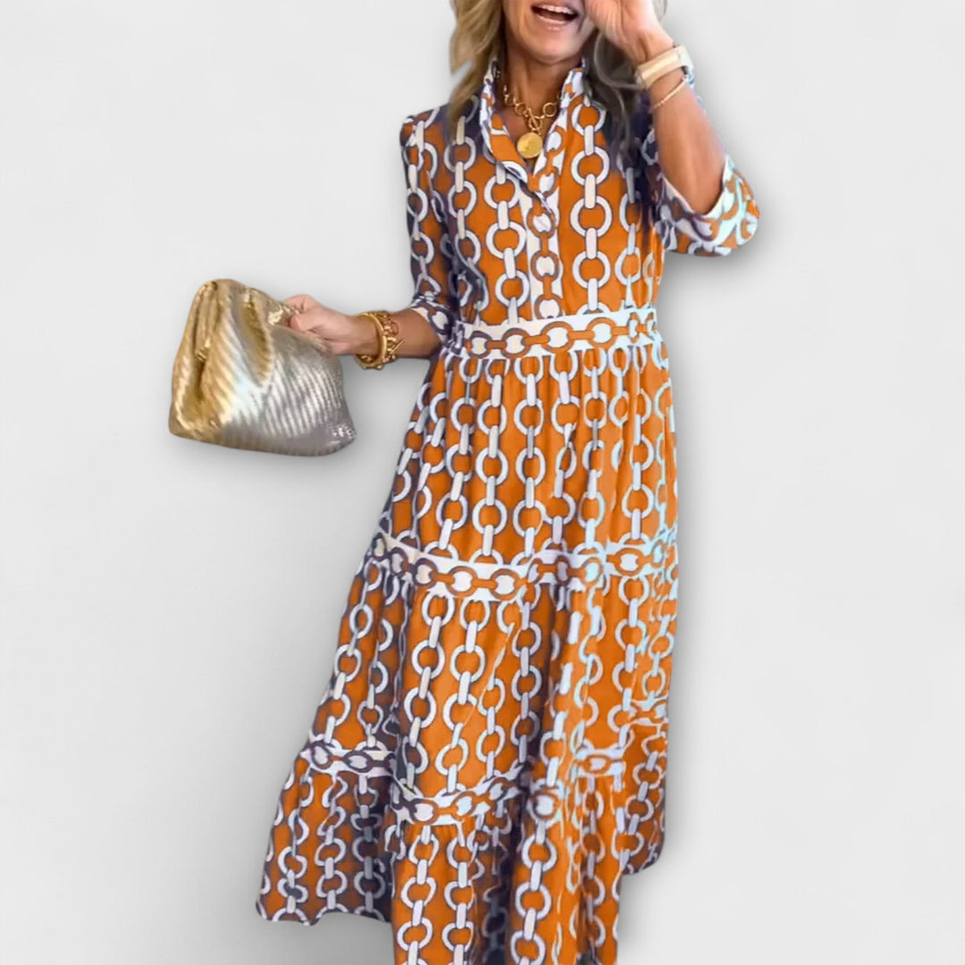 Elegant Smoothing Waistline Chain Pattern Tiered Silhouette Exquisite Midi Dress
