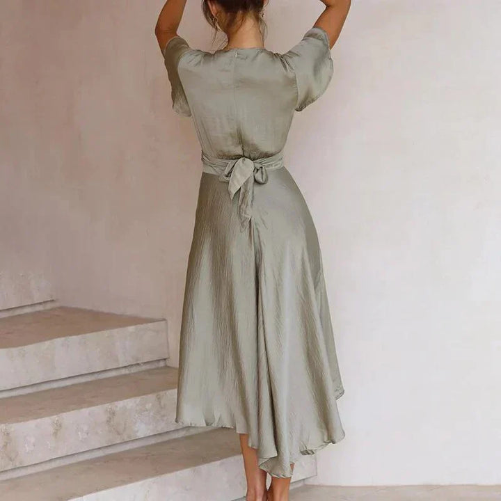 Women’s Satin Midi Dress – Elegant Deep V-Neck Tie Front Flutter Sleeve Evening Dress