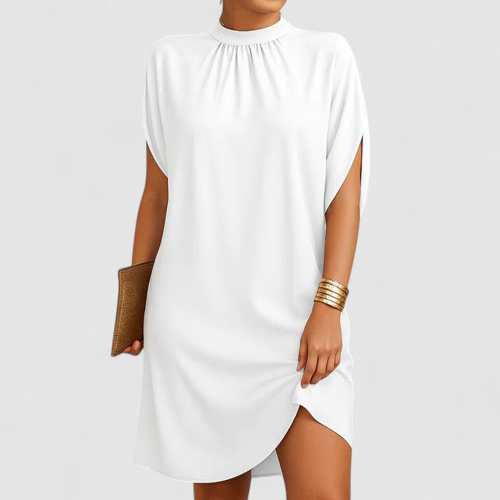 Luxuriously Soft Blush Pink Mock-Neck Batwing Crepe Texture Split-Sleeve Midi Dress