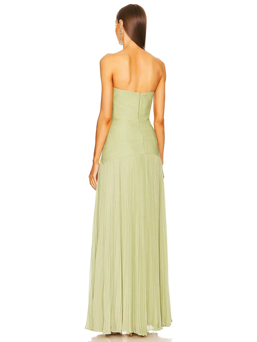Women’s Sage Green Silk Maxi Dress – Elegant Strapless Pleated Charmeuse Evening Formal Dress