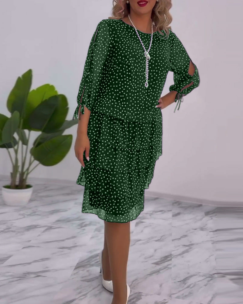 Women’s Polka Dot Chiffon Midi Dress – Navy White Tiered Elegant Three-Quarter Sleeve Dress