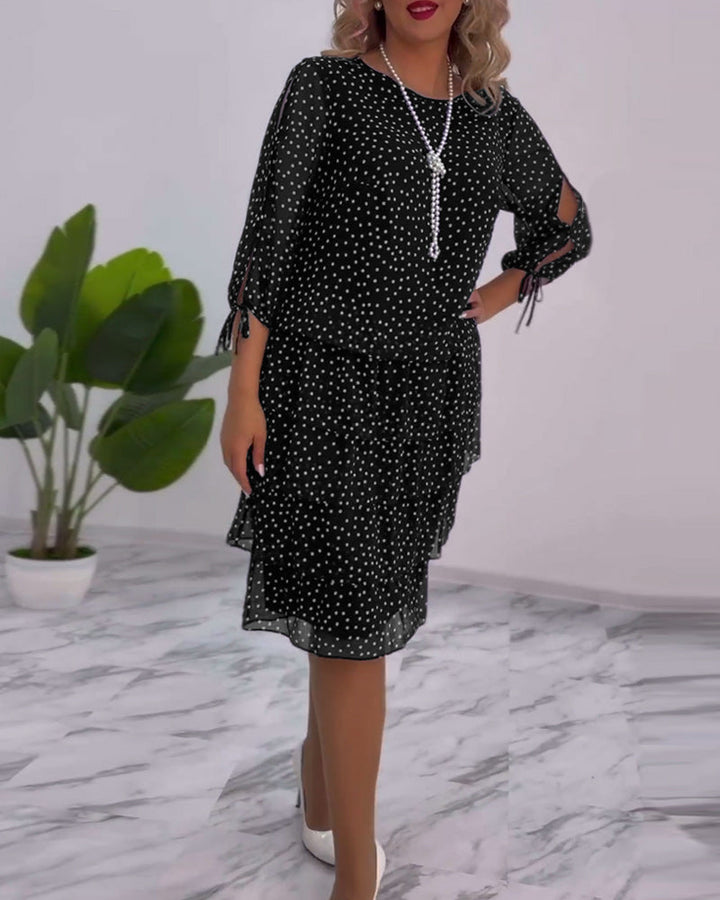 Women’s Polka Dot Chiffon Midi Dress – Navy White Tiered Elegant Three-Quarter Sleeve Dress