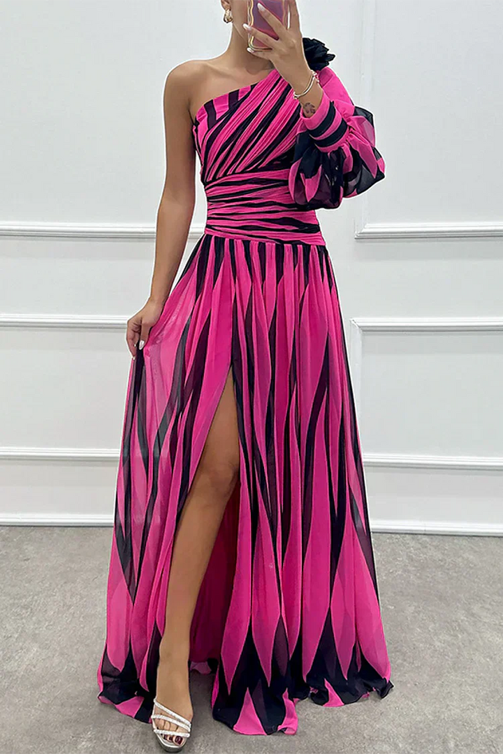 Timeless Elegant One Shoulder Asymmetric Striped Satin Flowing Evening Wear Maxi Dress