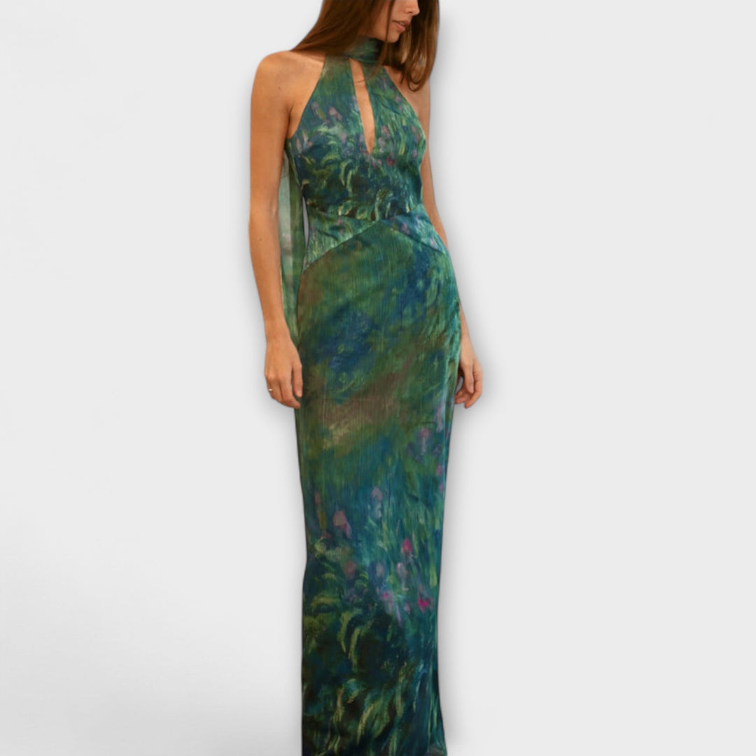 Women’s Iris Print Silk Maxi Dress – Elegant Garden Inspired Draped Silhouette Dress