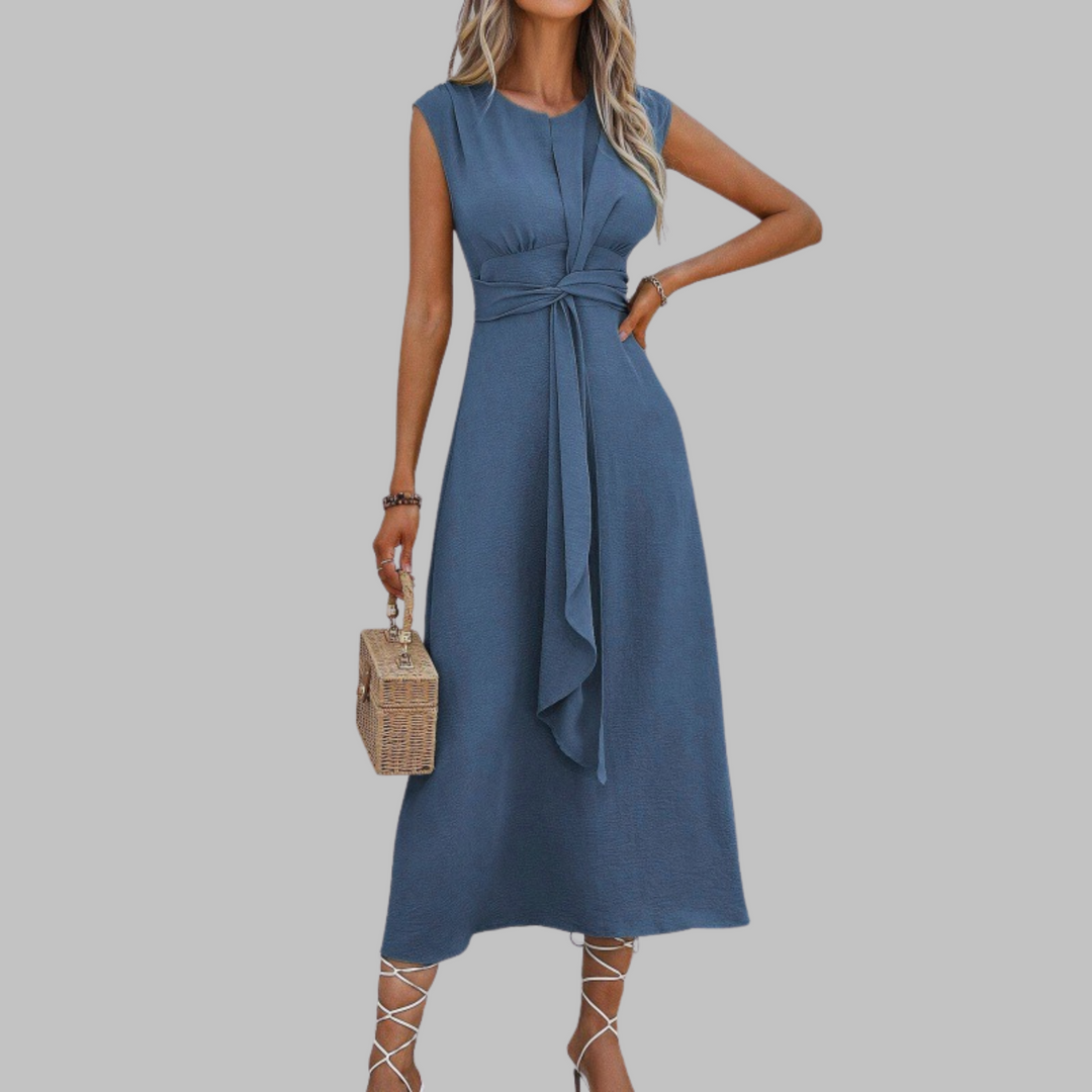 Women’s Crepe Midi Dress – Sophisticated Sleeveless Round Neck Tie Waist Belted Dress