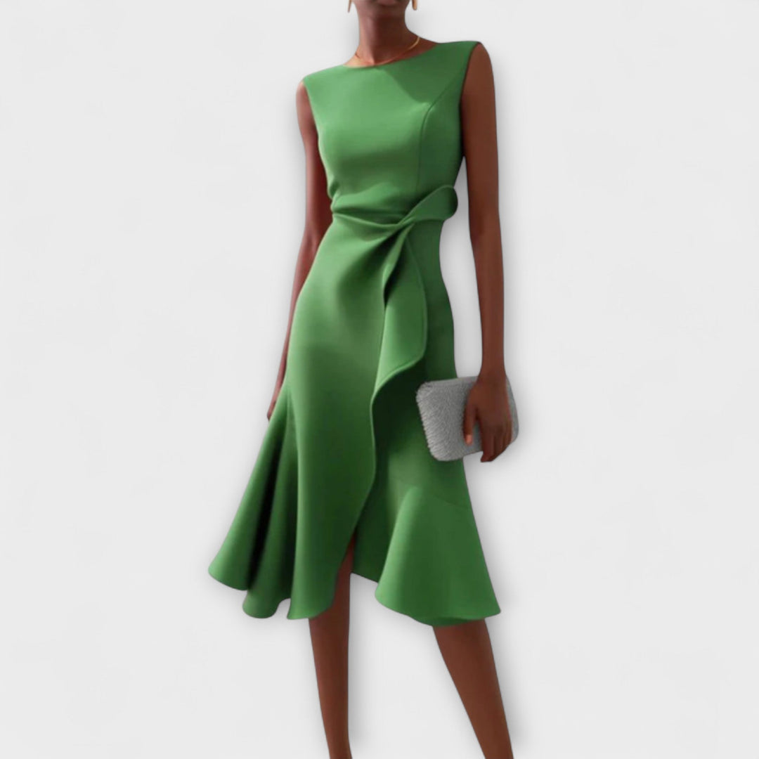 Glamorous Draped Asymmetric Crepe With Luxuriously Contoured Silhouette Midi Dress