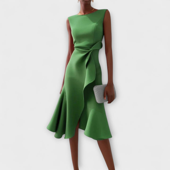 Glamorous Draped Asymmetric Crepe With Luxuriously Contoured Silhouette Midi Dress