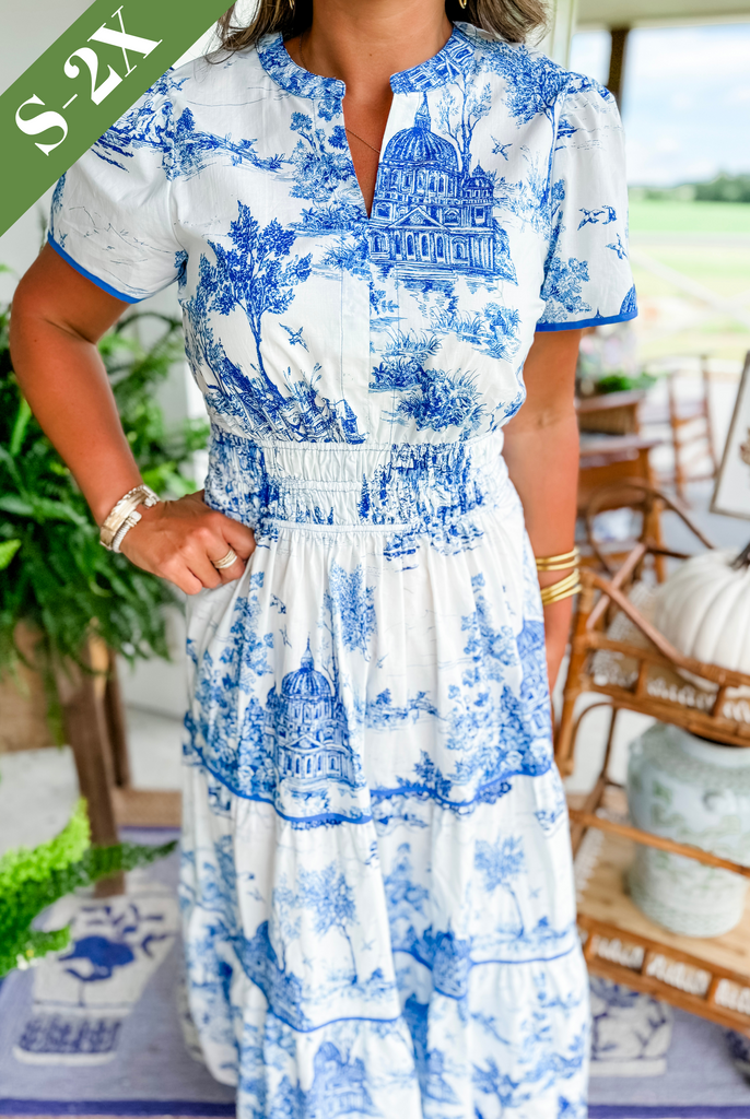 Romantic Driven Smocked Waist Evergreen Toile Print Tiered Floral Silhouette Maxi Dress