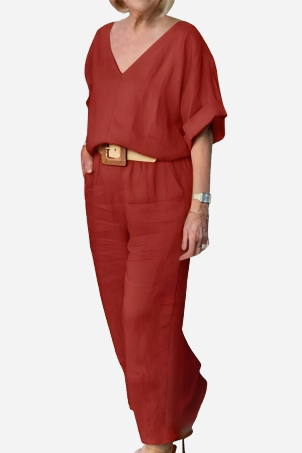 Audrey | V-Neck Batwing Top with Relaxed Fit and Straight-Leg Trousers