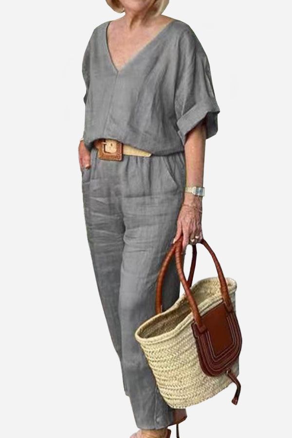 Audrey | V-Neck Batwing Top with Relaxed Fit and Straight-Leg Trousers