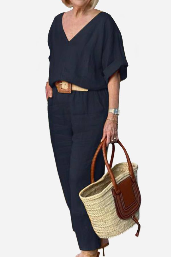 Audrey | V-Neck Batwing Top with Relaxed Fit and Straight-Leg Trousers
