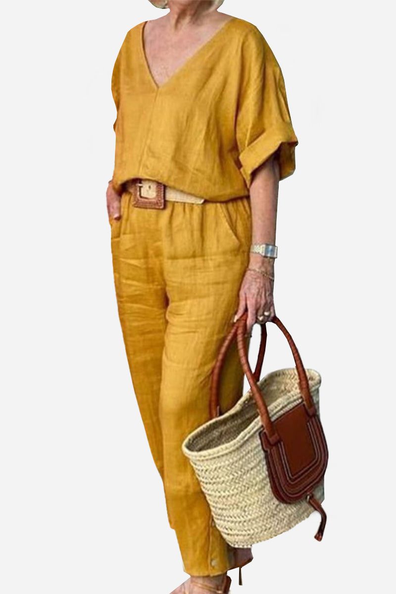 Audrey | V-Neck Batwing Top with Relaxed Fit and Straight-Leg Trousers