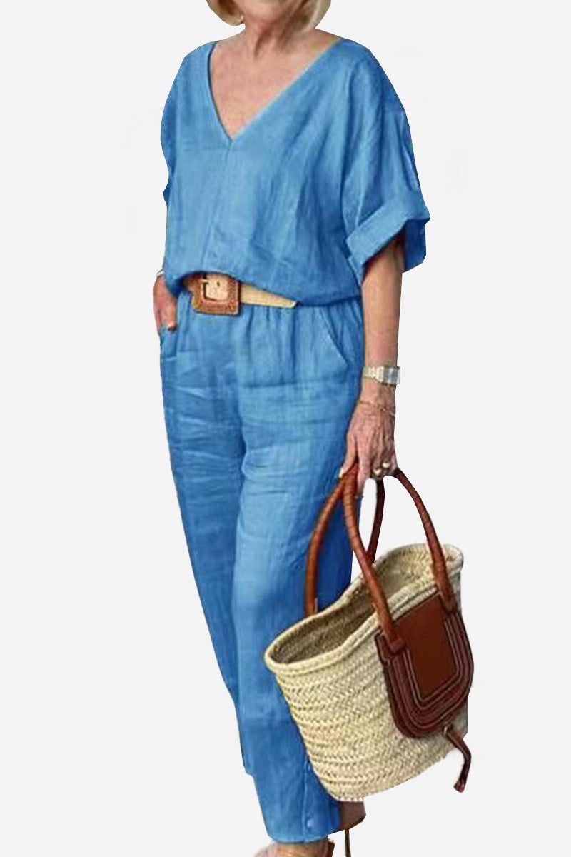Audrey | V-Neck Batwing Top with Relaxed Fit and Straight-Leg Trousers