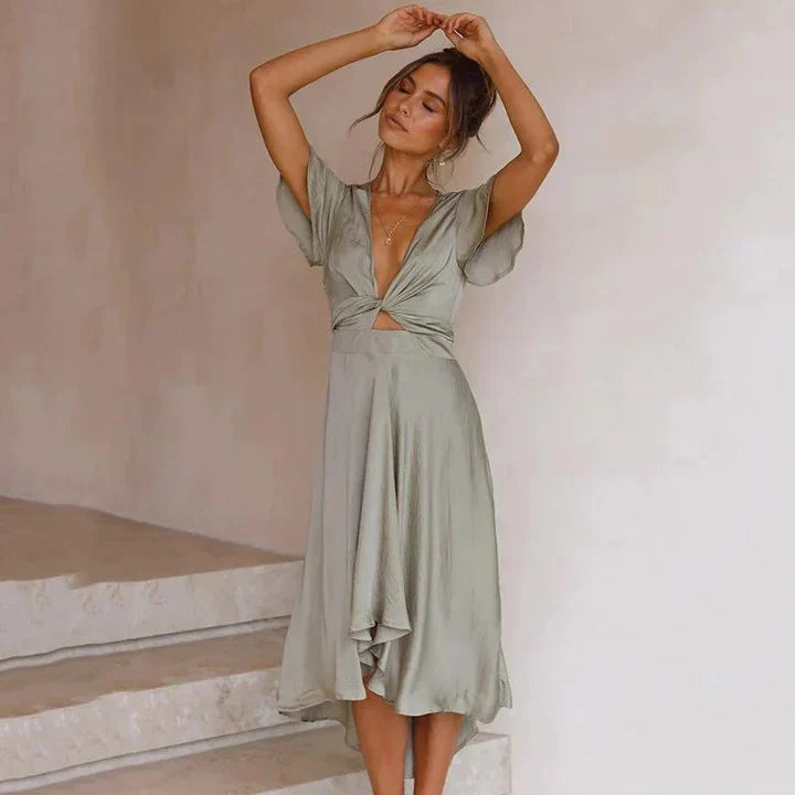 Women’s Satin Midi Dress – Elegant Deep V-Neck Tie Front Flutter Sleeve Evening Dress