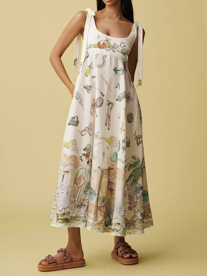 Elegant Ballet Inspired Tie Waist Painted Floral Pattern Flowing Silky Midi Dress