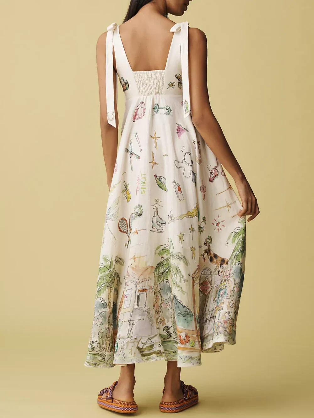 Elegant Ballet Inspired Tie Waist Painted Floral Pattern Flowing Silky Midi Dress