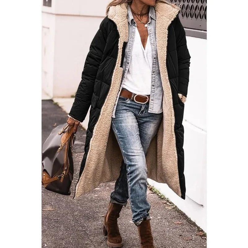 Stylish Long Down Jacket for Women with Sherpa Lining