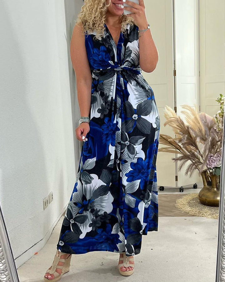 Women’s Purple Black Floral Maxi Dress – V-Neck Tie Front Cinched Waist Elegant Dress
