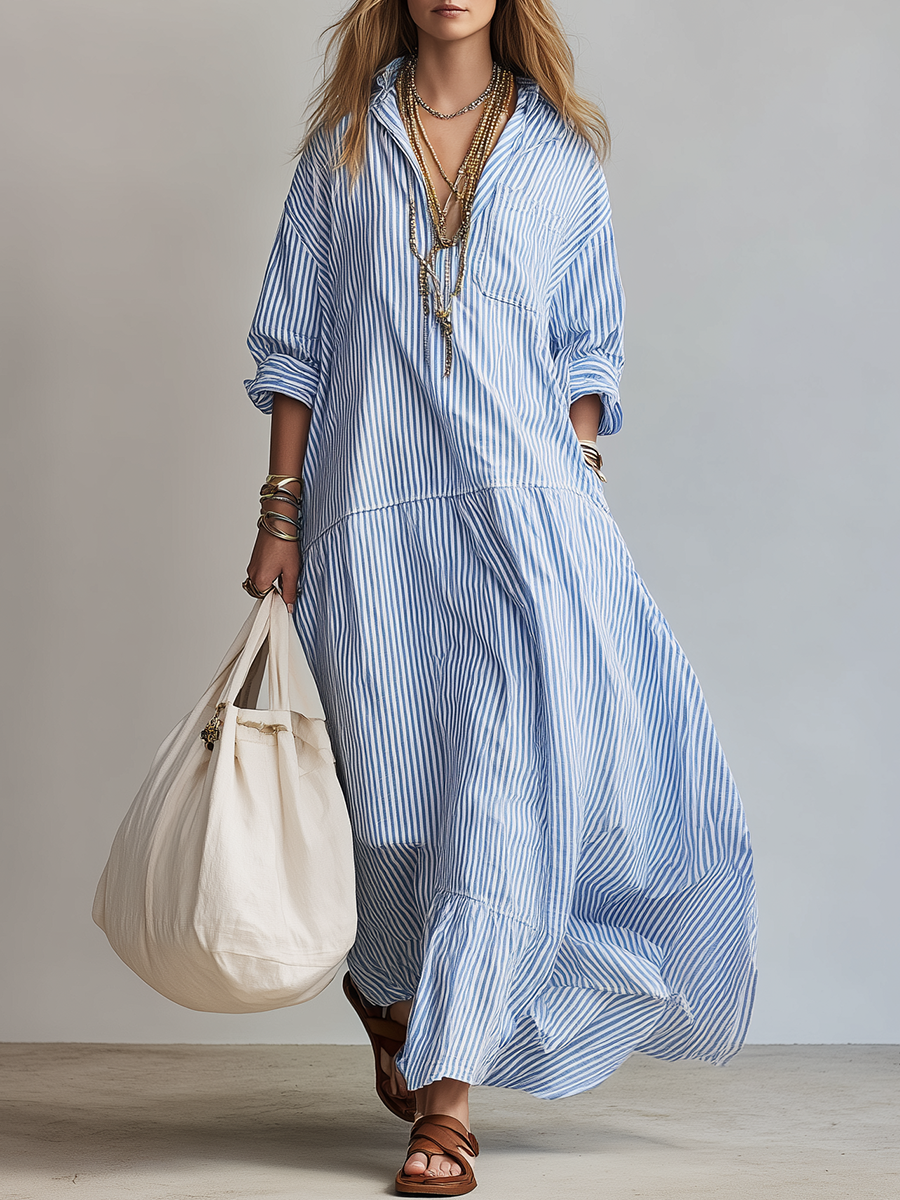 Effortlessly Stylish Button Front Striped Maxi Oversized Silhouette Shirt Dress