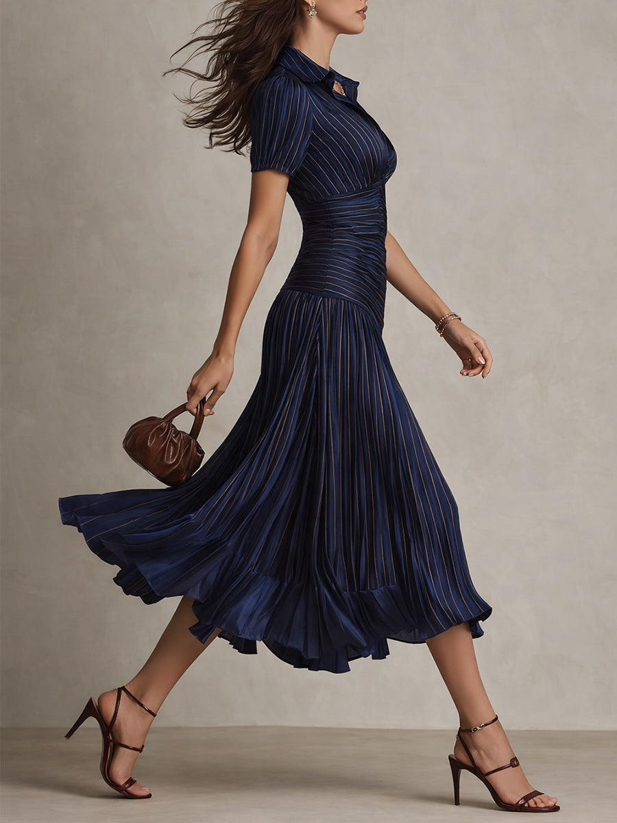Glamorous Timeless Retro Striped Satin Pleated Silhouette Evening Luxe Midi Dress