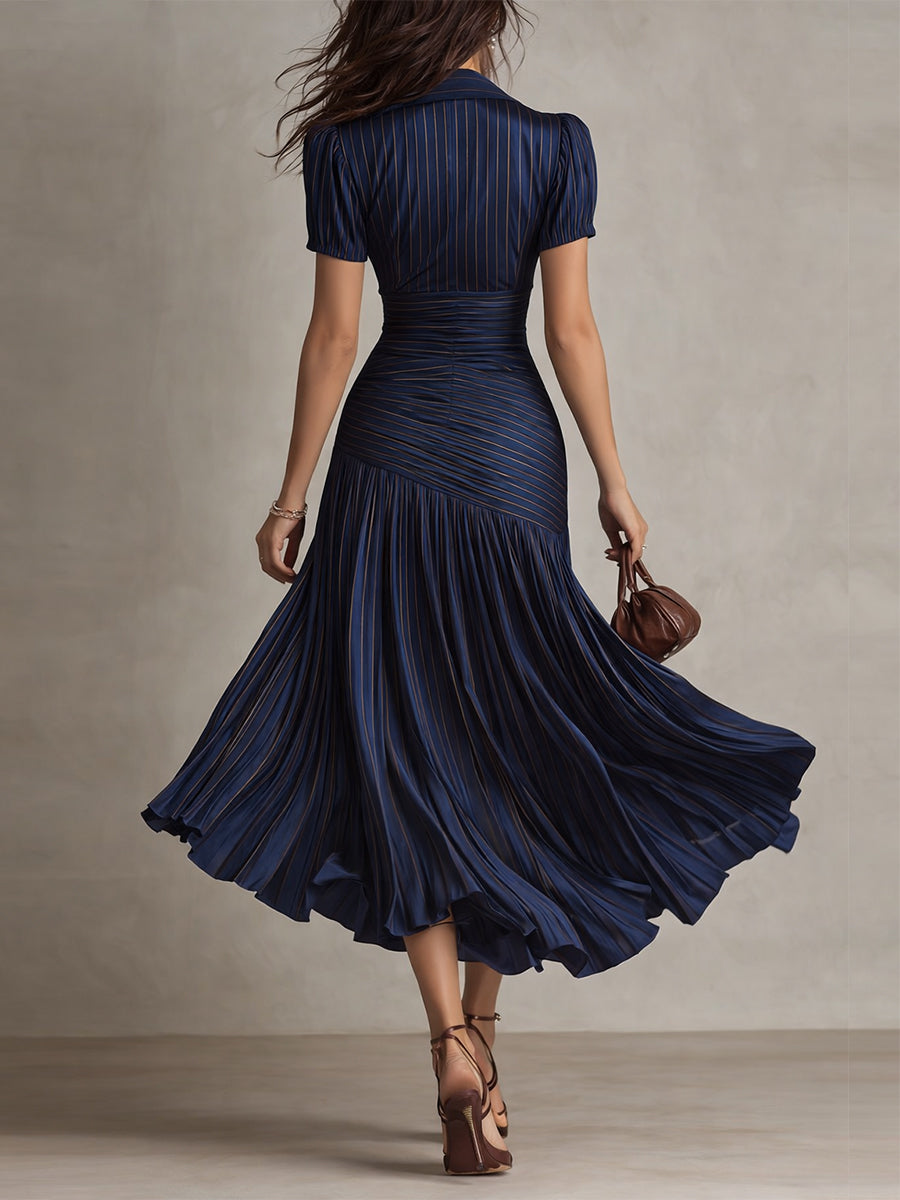 Glamorous Timeless Retro Striped Satin Pleated Silhouette Evening Luxe Midi Dress