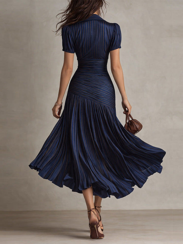 Glamorous Timeless Retro Striped Satin Pleated Silhouette Evening Luxe Midi Dress