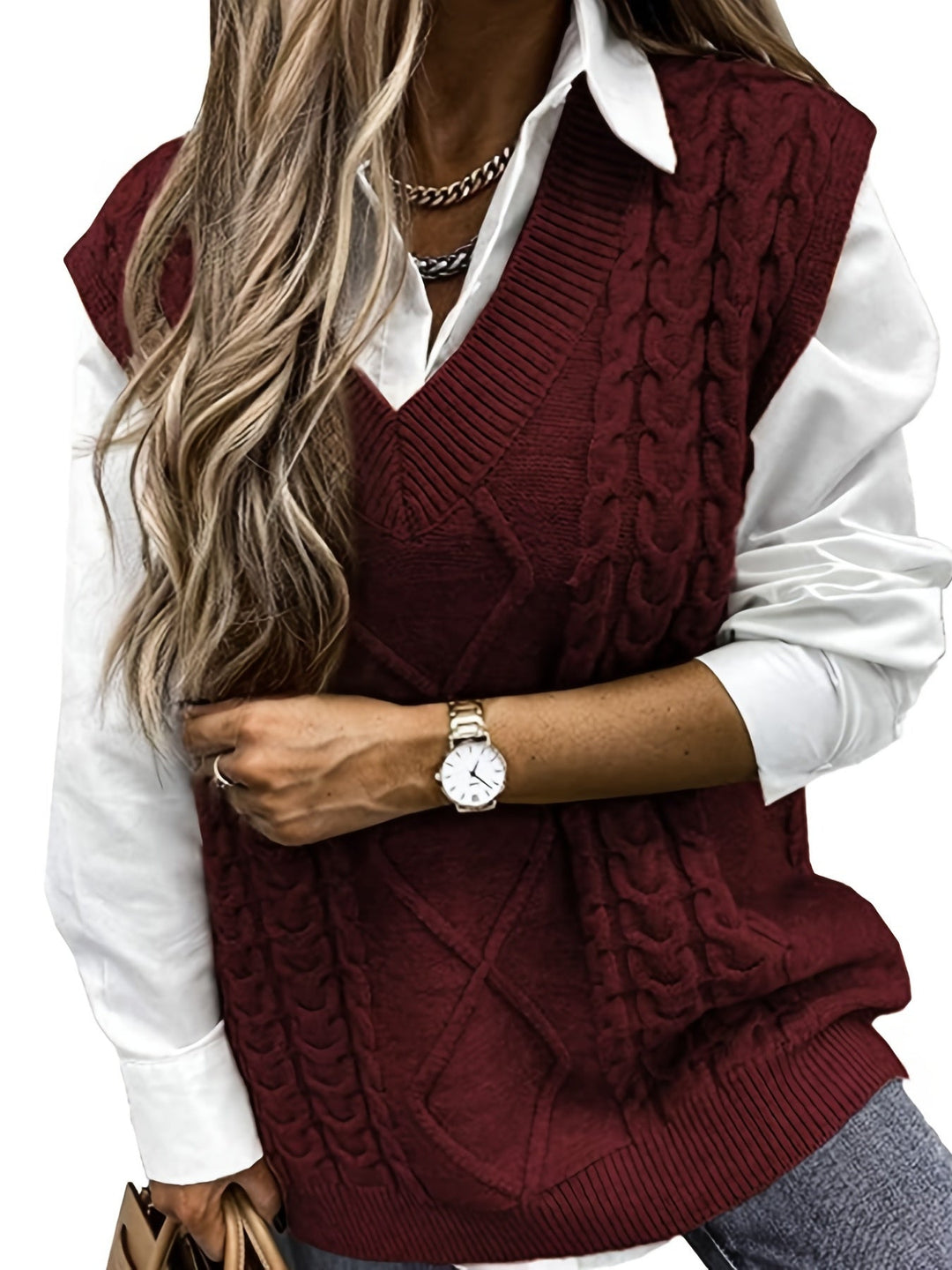 Cora | Cozy Cable Knit V-Neck Sweater Vest