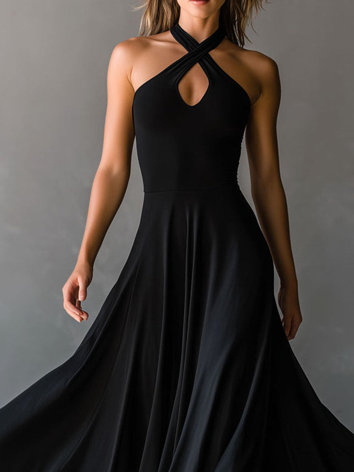 Glamorous Vintage Halter Neck Keyhole Back Black Satin Midi Dress