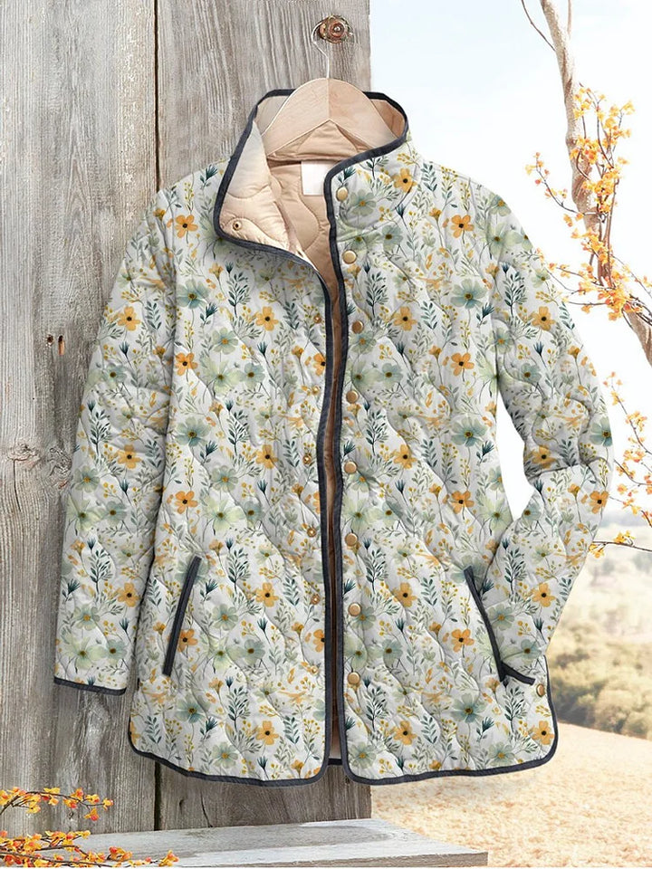 Beautiful floral pattern on a casual, padded jacket for women