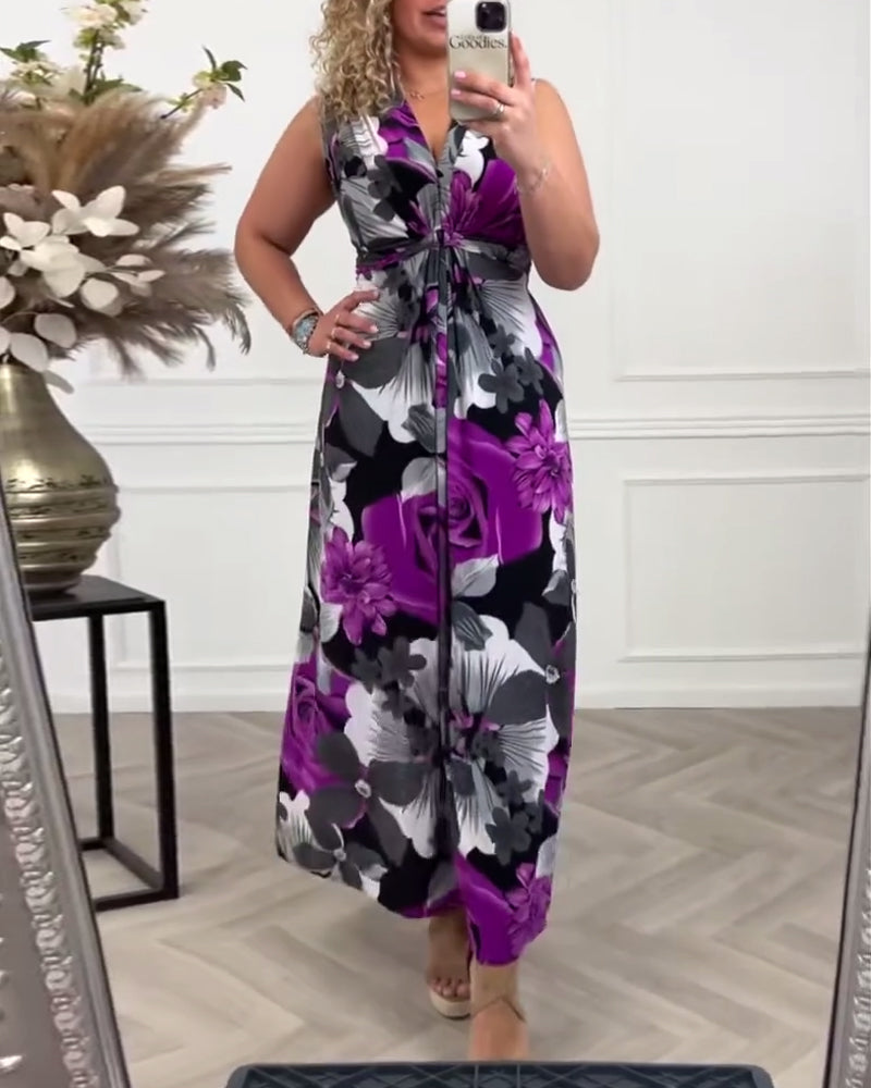 Women’s Purple Black Floral Maxi Dress – V-Neck Tie Front Cinched Waist Elegant Dress