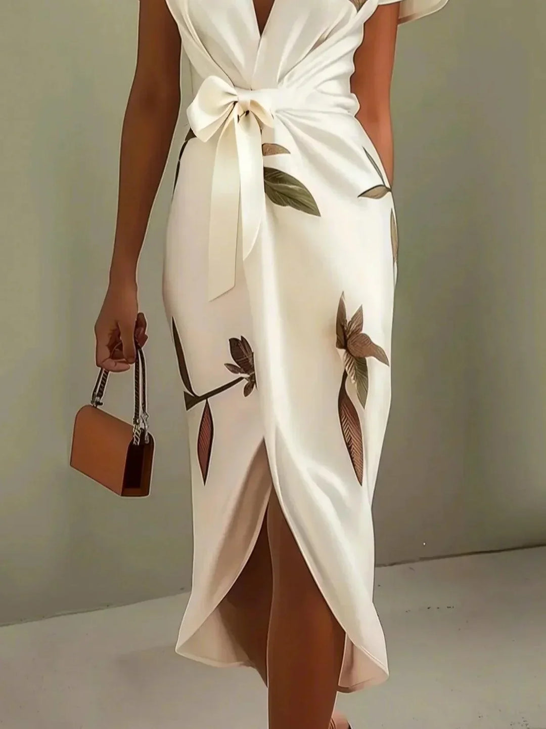 Luxuriously Elegant Flattering Wrap LeafPrinted SilkSateen Waist Defining Belt Dress