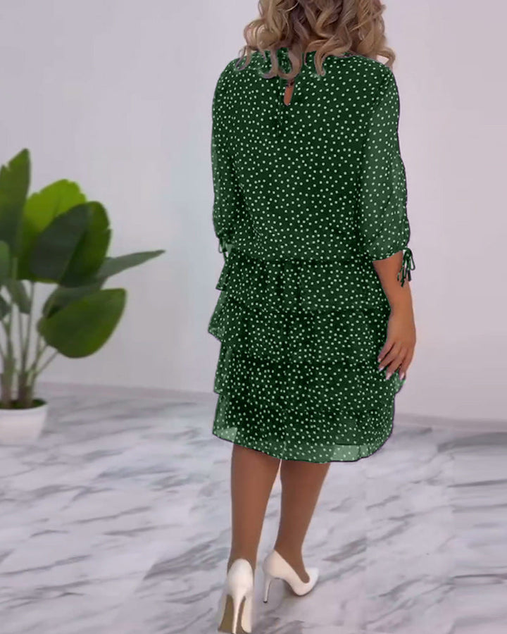Women’s Polka Dot Chiffon Midi Dress – Navy White Tiered Elegant Three-Quarter Sleeve Dress