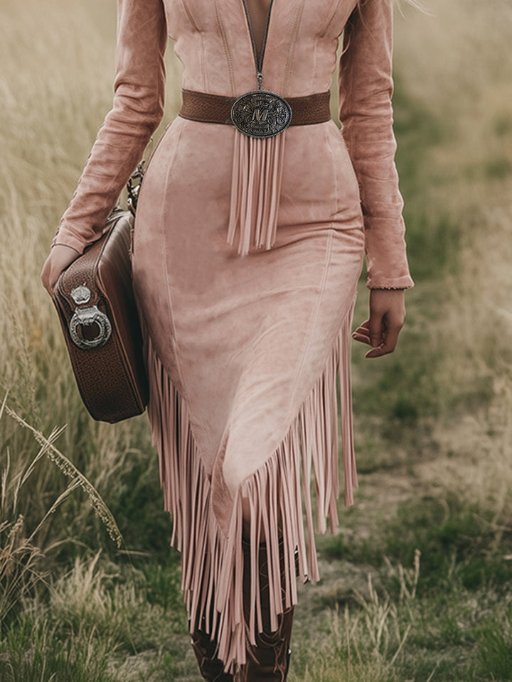 Historically Inspired Western Tassel Detailing Ultrasoft Microsuede Pink Midi Dress
