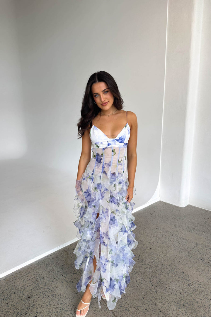 Opulent Glamorous Ruffled Tiered Floral Pattern Exquisitely Delicate Flowing Maxi Dress