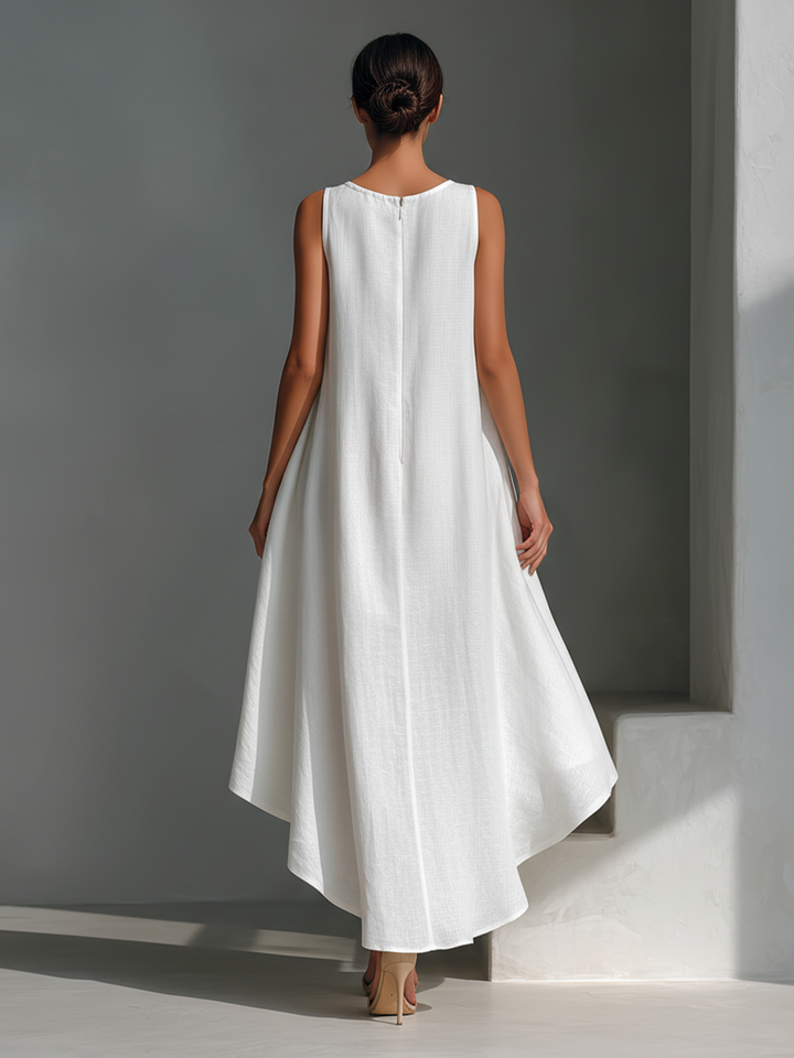 Women’s Linen Midi Dress – Sleeveless Round Neck Asymmetric Hem Elegant Dress